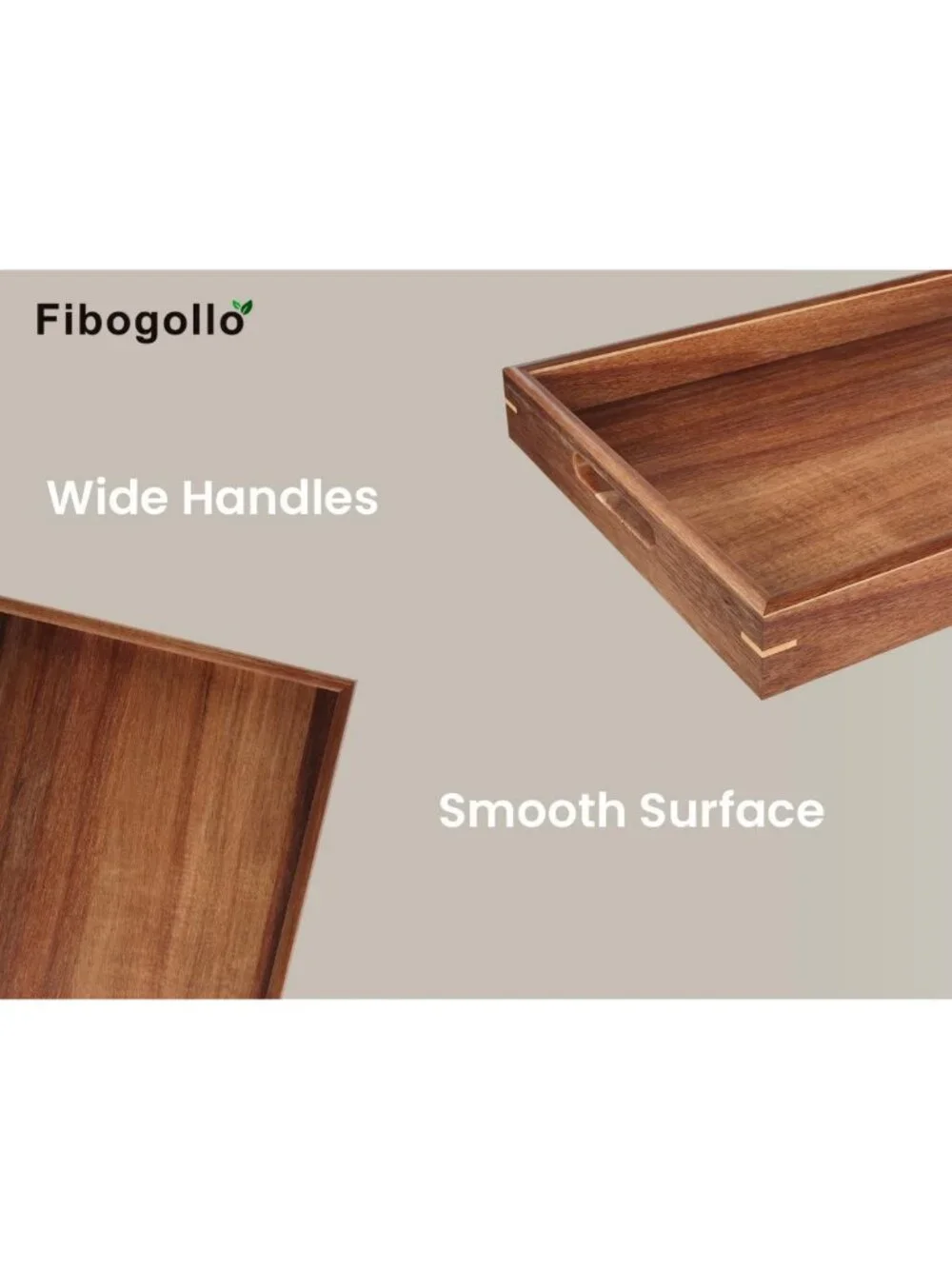 Set of 2 Acacia Wood Serving Trays with Handles - Rustic Kitchen Decor